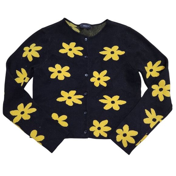 🇬🇪🔹️Forever 21 Black w/Yellow Daisies Knit Long Sleeve Sweater Large - Picture 3 of 9